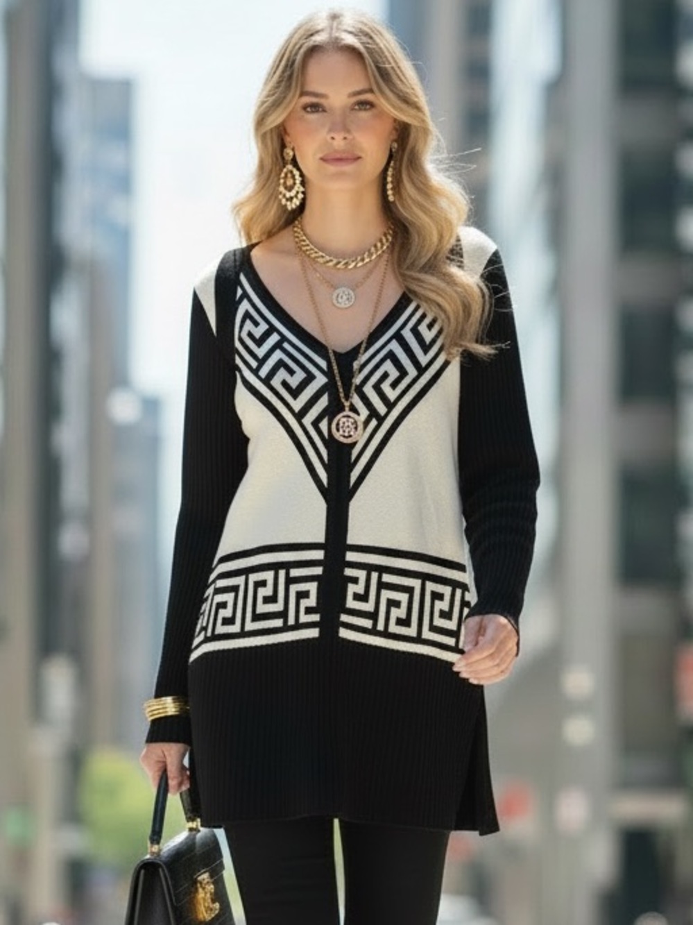 St. John Collection Greek Key Sweater Black & White Geometric V-Neck Tunic S